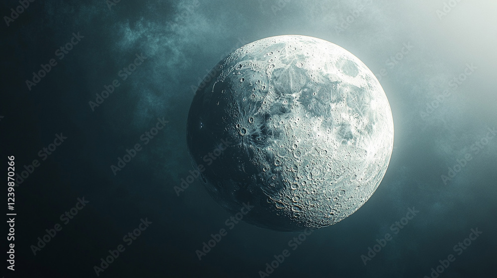 Poster a captivating 3d rendering of the moon sphere, detailed and textured, symbolizing mystery, space, an