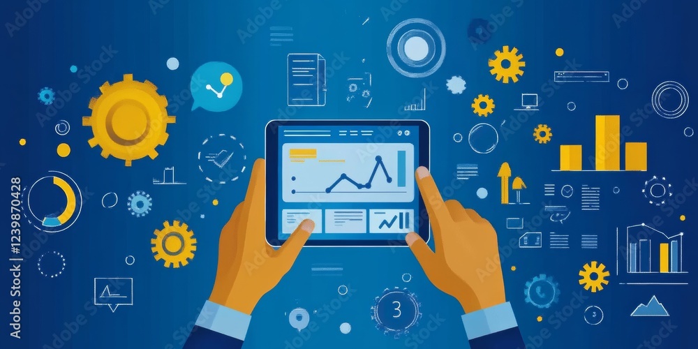 Poster hands holding tablet with data analytics and technology background