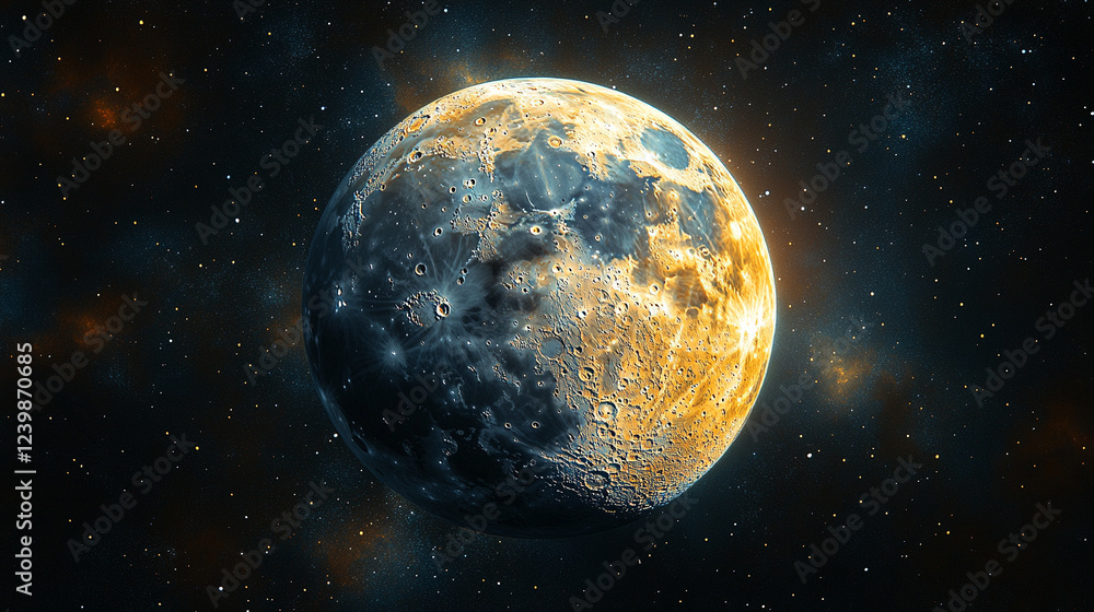 Poster a captivating 3d rendering of the moon sphere, detailed and textured, symbolizing mystery, space, an