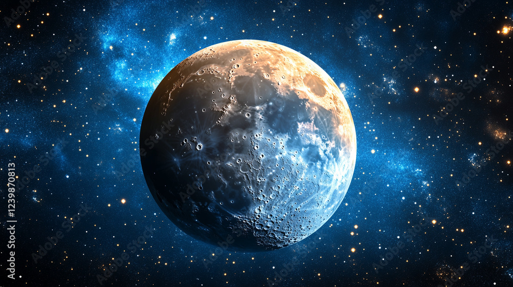 Poster a captivating 3d rendering of the moon sphere, detailed and textured, symbolizing mystery, space, an
