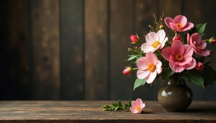 Elegant artificial flower arrangement against a rustic wooden backdrop in a dimly lit room, interior, decor, wooden