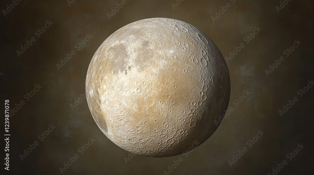 Poster a captivating 3d rendering of the moon sphere, detailed and textured, symbolizing mystery, space, an
