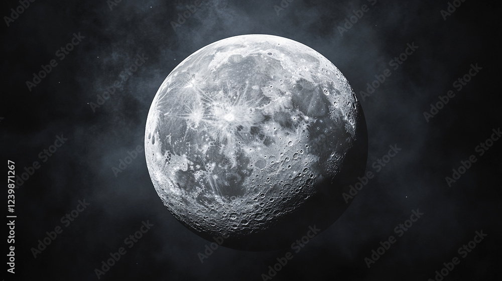 Poster a captivating 3d rendering of the moon sphere, detailed and textured, symbolizing mystery, space, an
