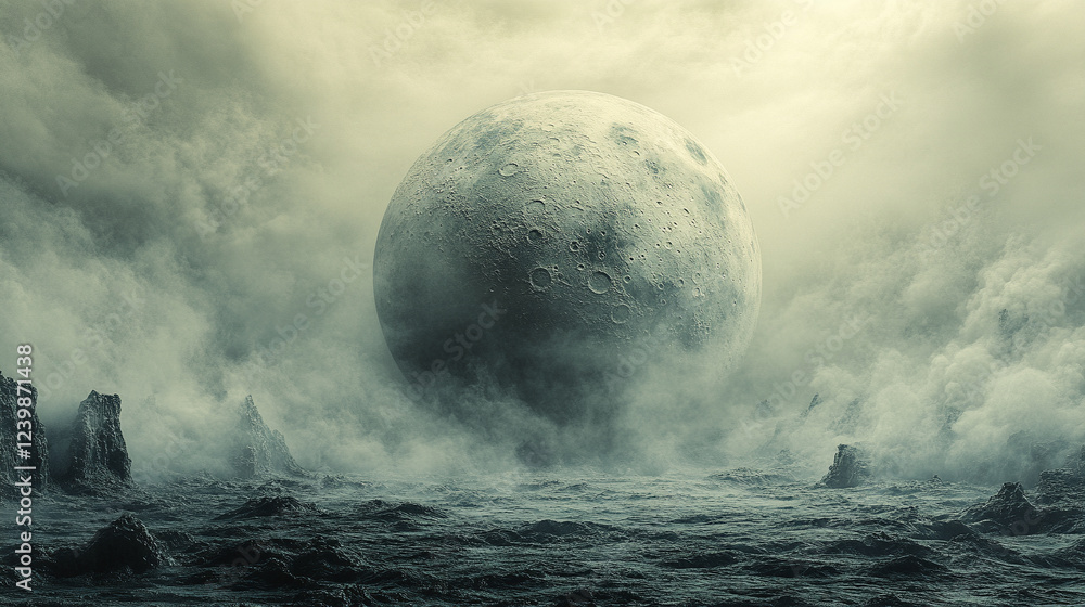 Poster a captivating 3d rendering of the moon sphere, detailed and textured, symbolizing mystery, space, an