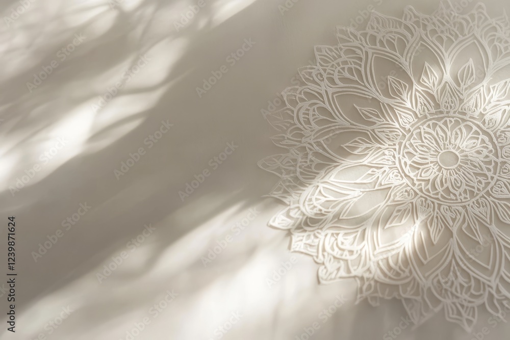 Poster intricate mandala design with leaf shadows on beige background.