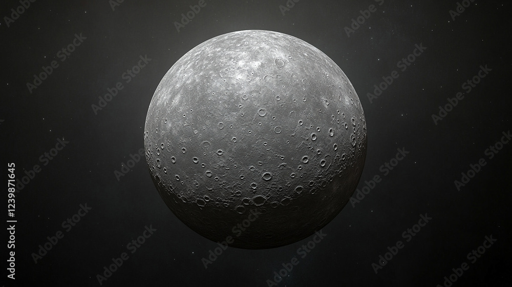 Poster a captivating 3d rendering of the moon sphere, detailed and textured, symbolizing mystery, space, an