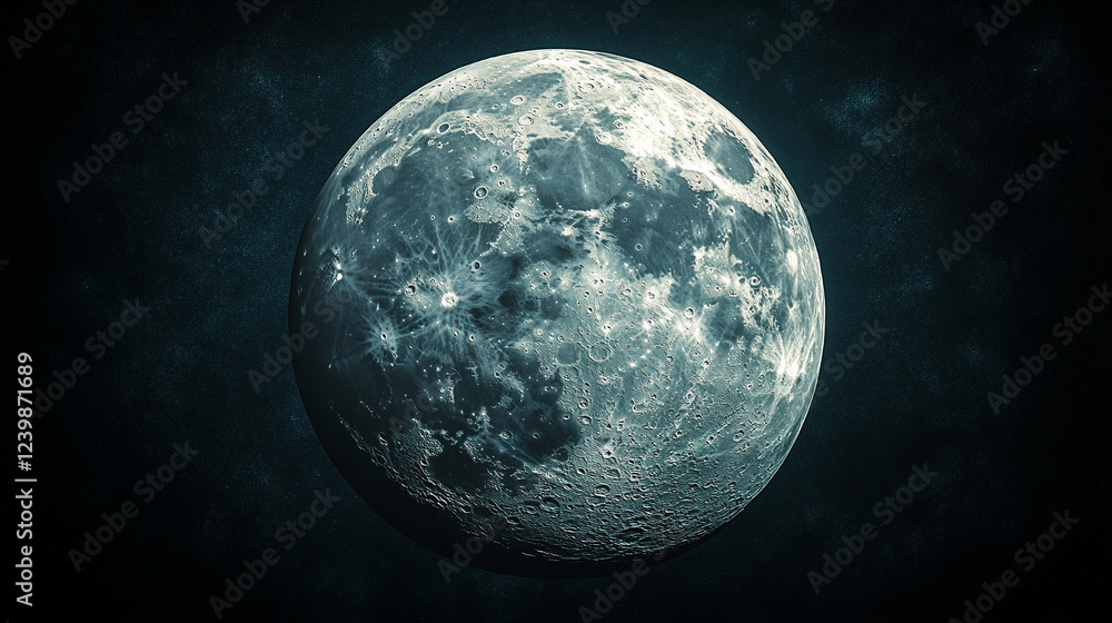 Poster a captivating 3d rendering of the moon sphere, detailed and textured, symbolizing mystery, space, an