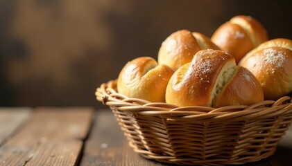 Fresh bread and soft rolls arranged in a woven wicker basket, rustic, nature, bread