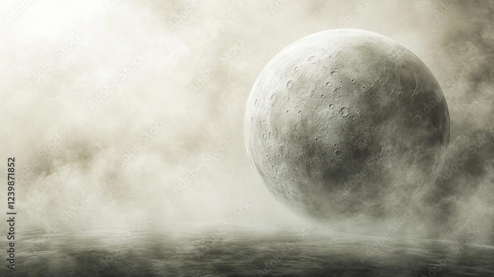 Poster a captivating 3d rendering of the moon sphere, detailed and textured, symbolizing mystery, space, an