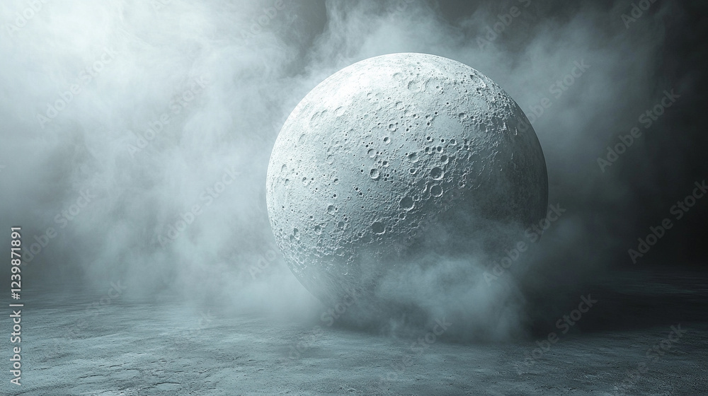 Poster a captivating 3d rendering of the moon sphere, detailed and textured, symbolizing mystery, space, an
