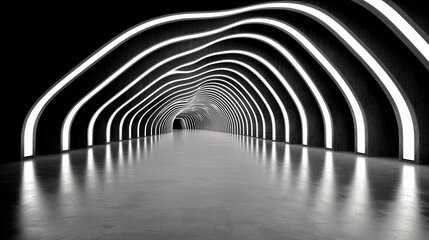 A modern, illuminated tunnel with curved lines and reflective floor.