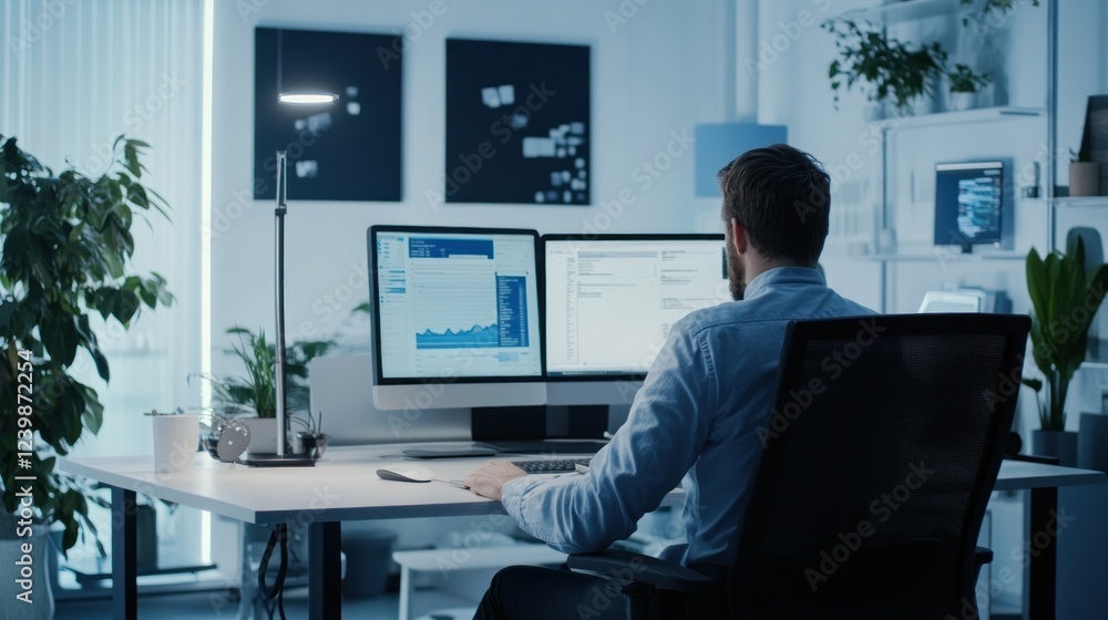 Poster nighttime data analysis: focused programmer at work