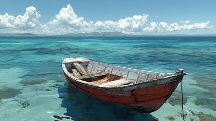 Fototapeta premium Old rowboat in turquoise tropical sea, island background; travel brochure