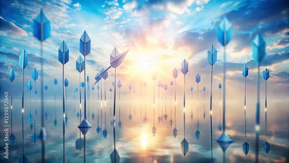 Poster surreal blue arrows: simple navigation guide, abstract background