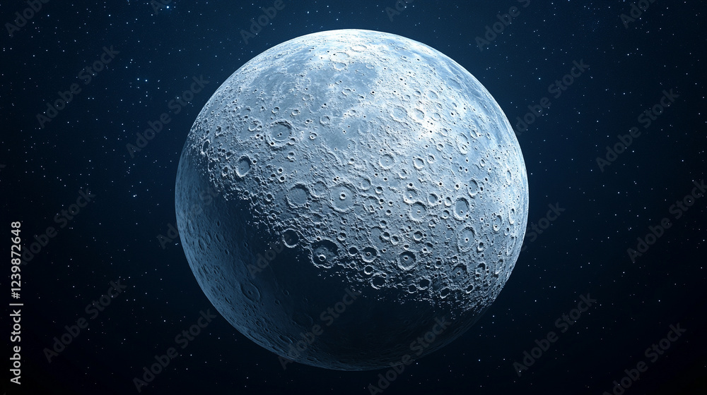 Poster a captivating 3d rendering of the moon sphere, detailed and textured, symbolizing mystery, space, an