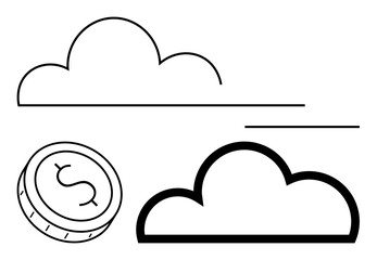 Two cloud icons and a coin with a dollar sign. Ideal for cloud computing, digital currency, online storage, financial technology, digital economy, virtual services, data management. Line metaphor