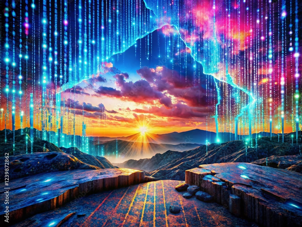 Poster surreal data breach: binary code glitch in fractured digital landscape
