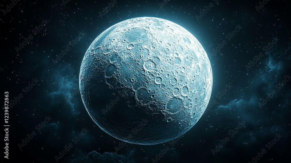 Poster a captivating 3d rendering of the moon sphere, detailed and textured, symbolizing mystery, space, an