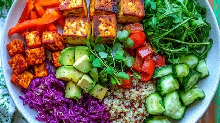 Fototapeta premium Colorful Healthy Salad Bowl with Tofu, Quinoa, Fresh Vegetables and Microgreens