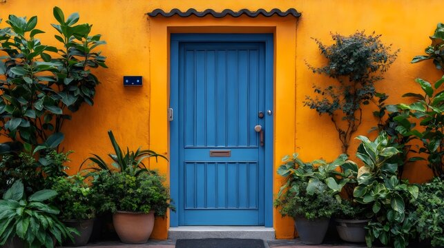 A blue door with a green plant in front of it
