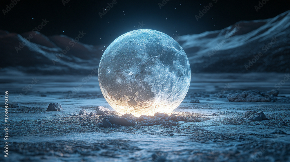 Poster a captivating 3d rendering of the moon sphere, detailed and textured, symbolizing mystery, space, an