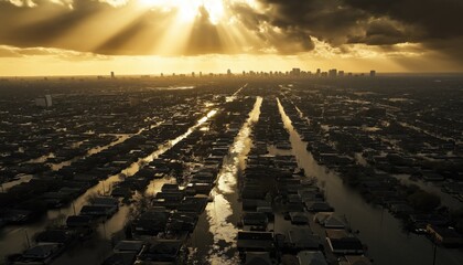 Fototapeta premium Flooded Building Aerial View of City Submerged After Storm