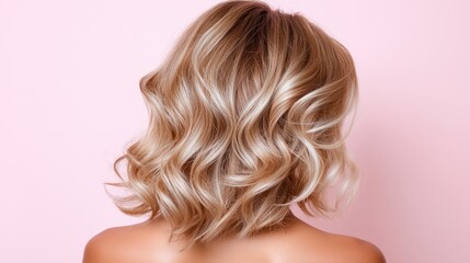 Fototapeta premium A close-up view of wavy blonde hair against a soft pink background.