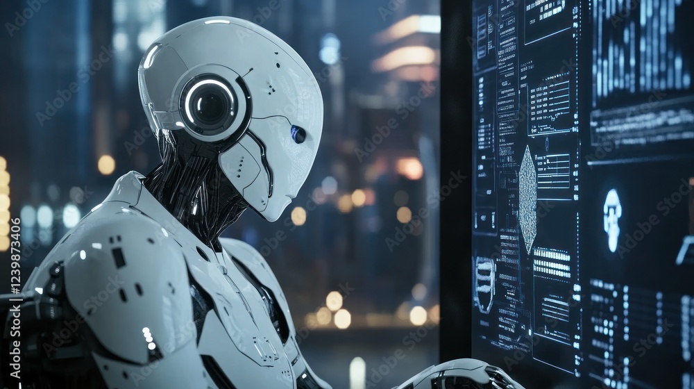 Poster futuristic robot analyzing data on advanced interface