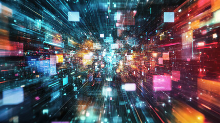 Fototapeta premium Futuristic digital data stream with glowing pixels and high-speed motion effect, representing technology, big data, and fast information flow in cyberspace