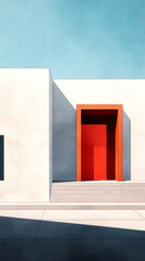A modern architectural structure featuring a vibrant red door against a minimalist white background and blue sky.