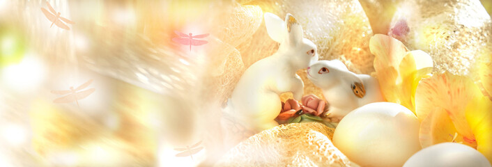 Easter decorations, white eggs and fresh flowers. Easter still life. Sunlight and pastel colors. Wide banner