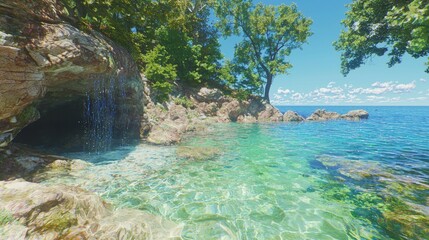 Secluded cove waterfall, clear water, summer