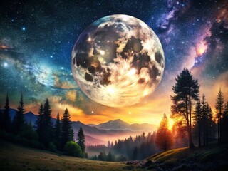 Surreal Night Sky: Majestic Moon and Starry Landscape