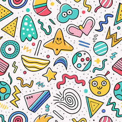 Here's a possible  and keyword list for your image.. Colorful playful seamless pattern with hand-drawn shapes and doodles.