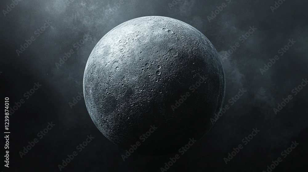 Poster a captivating 3d rendering of the moon sphere, detailed and textured, symbolizing mystery, space, an