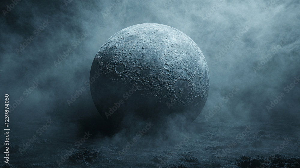 Poster a captivating 3d rendering of the moon sphere, detailed and textured, symbolizing mystery, space, an