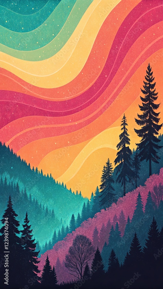 Poster a colorful mountain scene with trees and a rainbow