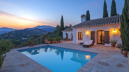 Fototapeta premium Sunset Villa Pool, Mountain View, Spain, Luxury Real Estate