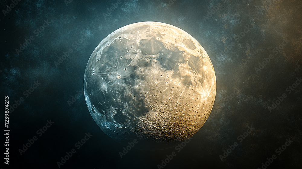 Poster a captivating 3d rendering of the moon sphere, detailed and textured, symbolizing mystery, space, an