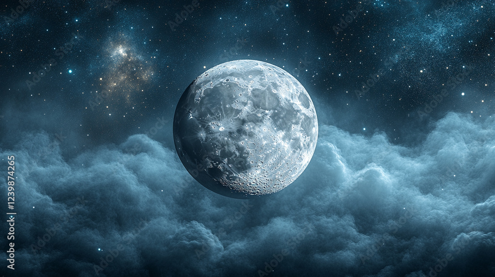 Poster a captivating 3d rendering of the moon sphere, detailed and textured, symbolizing mystery, space, an