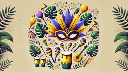 Obraz premium Exuberant Carnival Mask Adorned with Lush Feathers and Surrounded by Musical Instruments, Fireworks, and Tropical Festivities