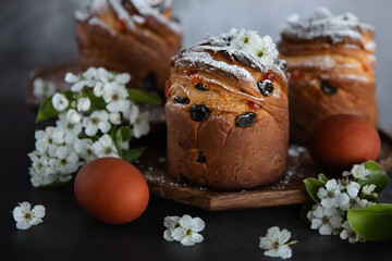 Traditional Easter bread - Paska, Cruffin, Kraffin or Kulich with raisins and candied fruits. Easter Holiday.