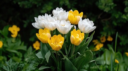 Obraz premium White and yellow tulips in garden, spring bloom, nature background, greeting card