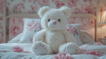 Fototapeta premium Teddy bear sits on floral bed, girl's room