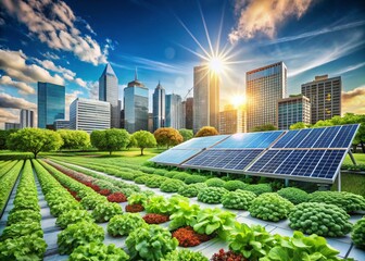 Fototapeta premium Sustainable Solar City: Modern Tech & Cloud-Powered Food Production