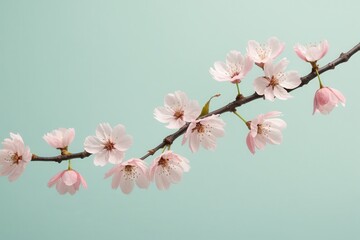 Fototapeta premium delicate cherry blossoms gracefully adorn a slender branch against a serene backdrop