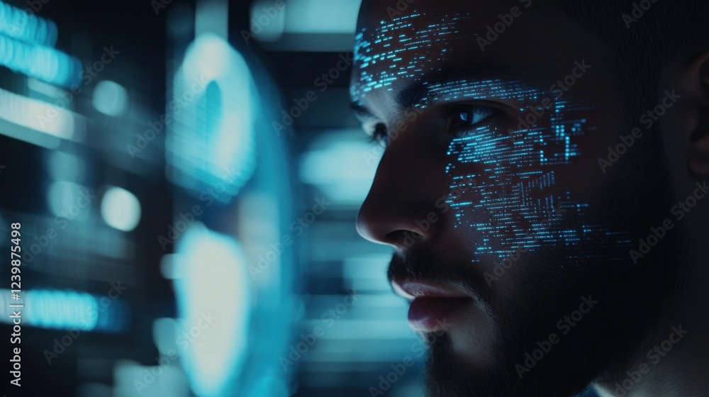 Poster digital persona: man with binary code projected on face