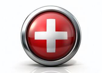 Obraz premium Swiss Flag Glossy Badge: Low-Light Metallic Button Stock Photo