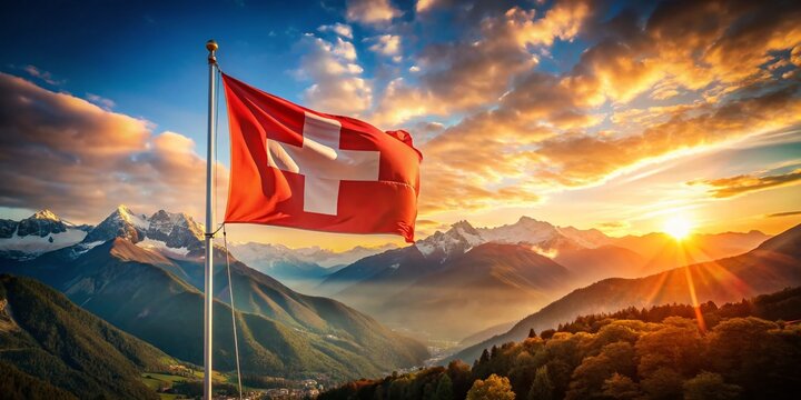 Swiss Flag Fluttering Against the Majestic Ticino Mountains