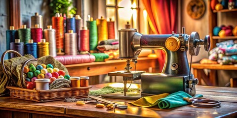Tailors Desk with Sewing Tools and Fabric for Repair and Alterations